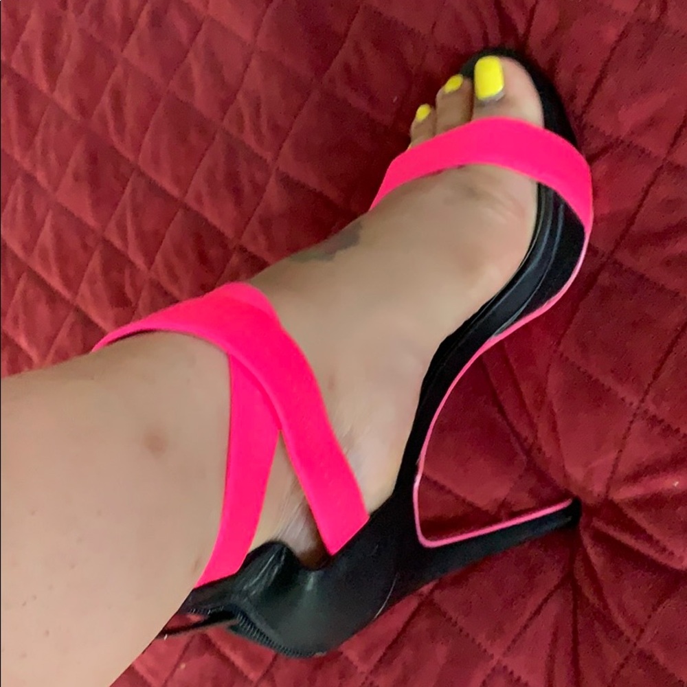 Neon Pink and Black Heel Sandals